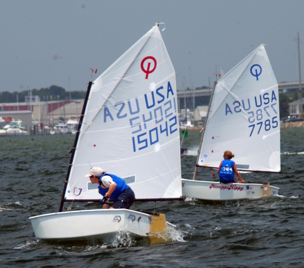 Gorham Partington (15042) of Pensacola YC won the White Fleet Opti Division at the Subway USA Junior Olympic Sailing Festival and Independence Day Regatta. Clair Housey of Pass Christian (7785) came 12th. © Talbot Wilson